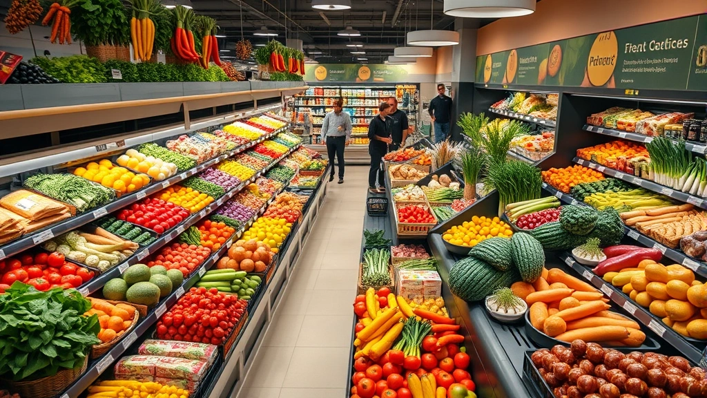 Professional overhead shot of a well-organized grocery store produce section with colorful fresh vegetables and fruits arranged in neat displays under warm lighting, customers browsing in background