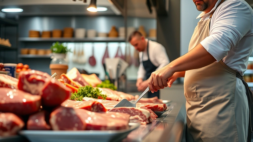 Close-up of a modern grocery store butcher counter with a professional butcher in apron preparing fresh meat cuts behind glass display, professional kitchen setting