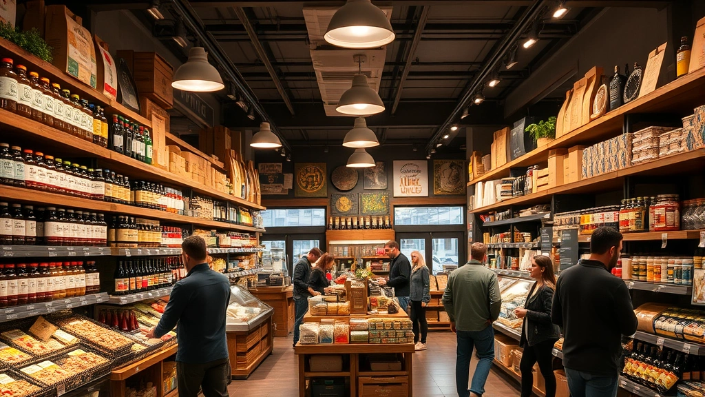 Interior of a specialty grocery market showing organized shelves of artisan products, local goods, and specialty items with customers shopping, warm ambient lighting emphasizing curated retail environment