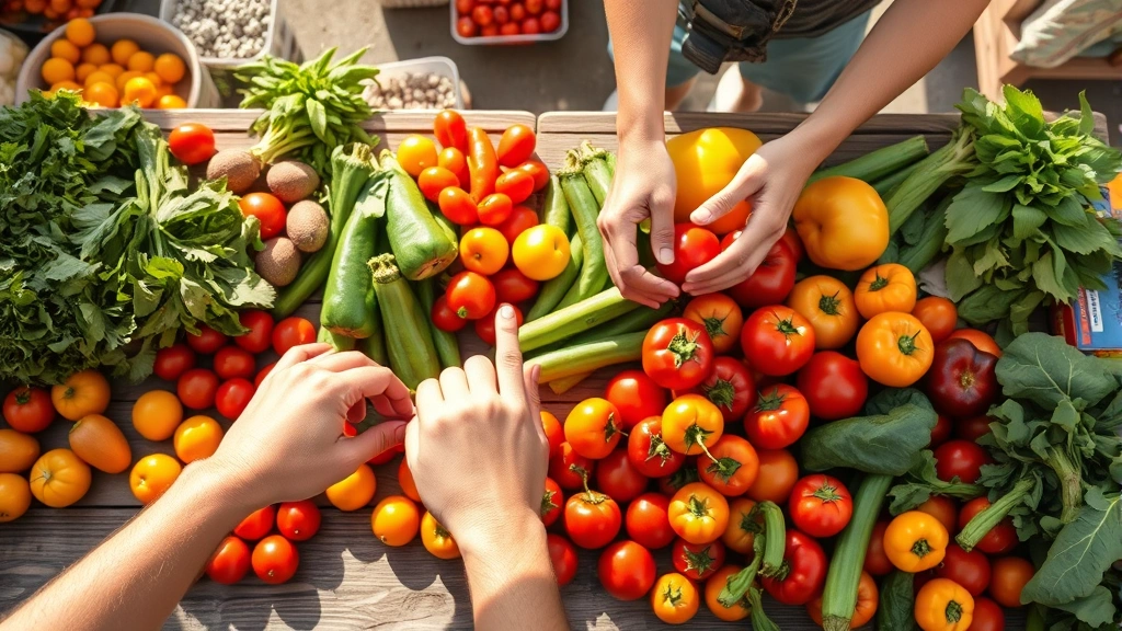 Overhead view of colorful fresh produce arranged on rustic wooden farmers market table with vendor's hands organizing tomatoes, peppers, and leafy greens, natural morning sunlight casting shadows, bustling market background slightly blurred