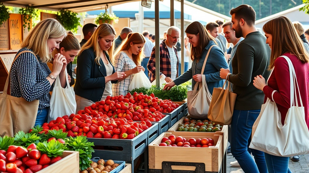 Diverse group of shoppers selecting fresh strawberries and produce from wooden crates at outdoor farmers market stand, holding reusable bags, warm natural lighting, engaged vendor interaction visible