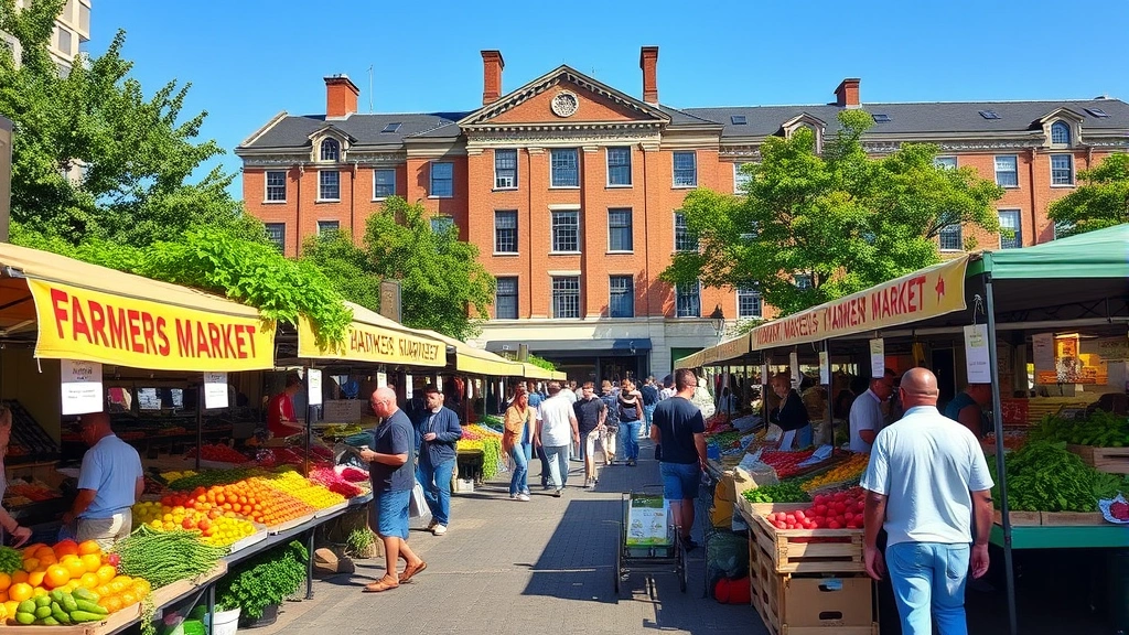 Vibrant farmers market scene with multiple vendor stalls displaying seasonal produce, customers shopping, historic building architecture in background, community atmosphere captured during peak morning hours