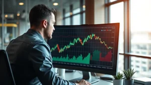 Professional businessman analyzing financial charts and interest rate graphs on computer monitor in modern office setting, showing upward and downward trend lines representing market dynamics