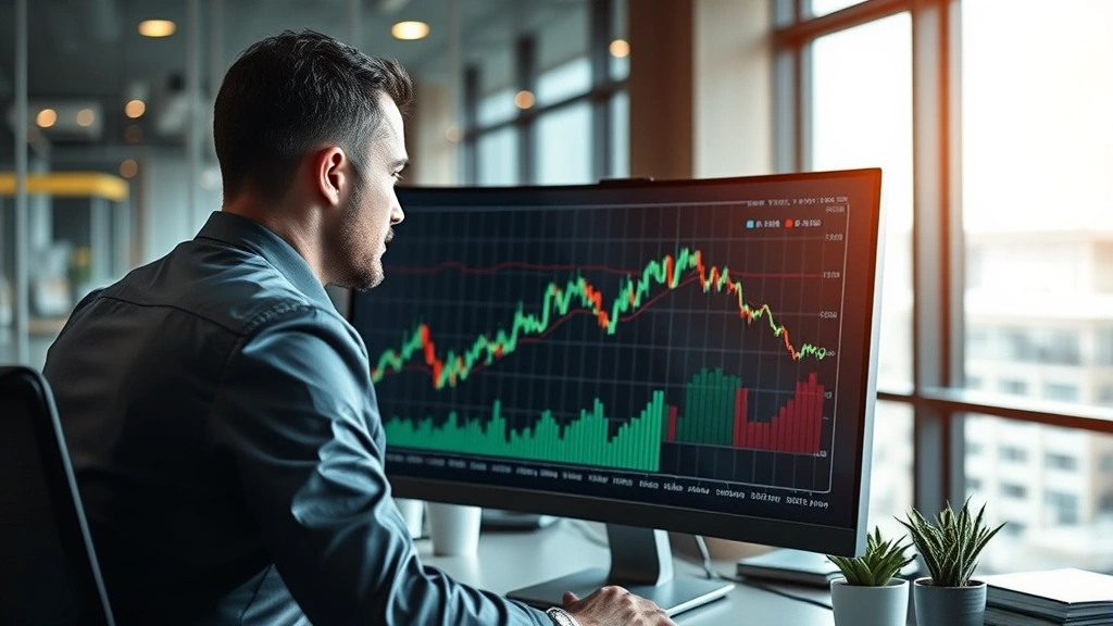 Professional businessman analyzing financial charts and interest rate graphs on computer monitor in modern office setting, showing upward and downward trend lines representing market dynamics