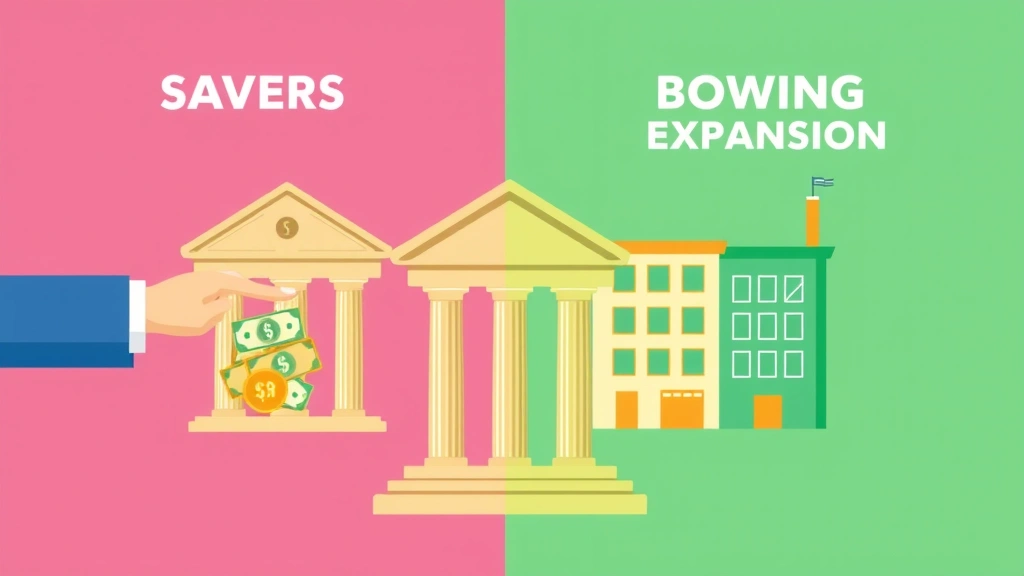 Split-screen visualization showing savers depositing money into bank on one side and businesses borrowing for expansion on other side, representing loanable funds supply and demand interaction