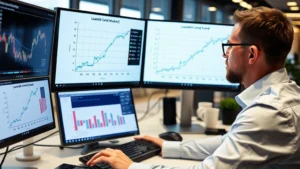 Professional financial analyst studying loanable funds market charts on multiple computer monitors in modern office setting, showing supply and demand curves intersecting on screens