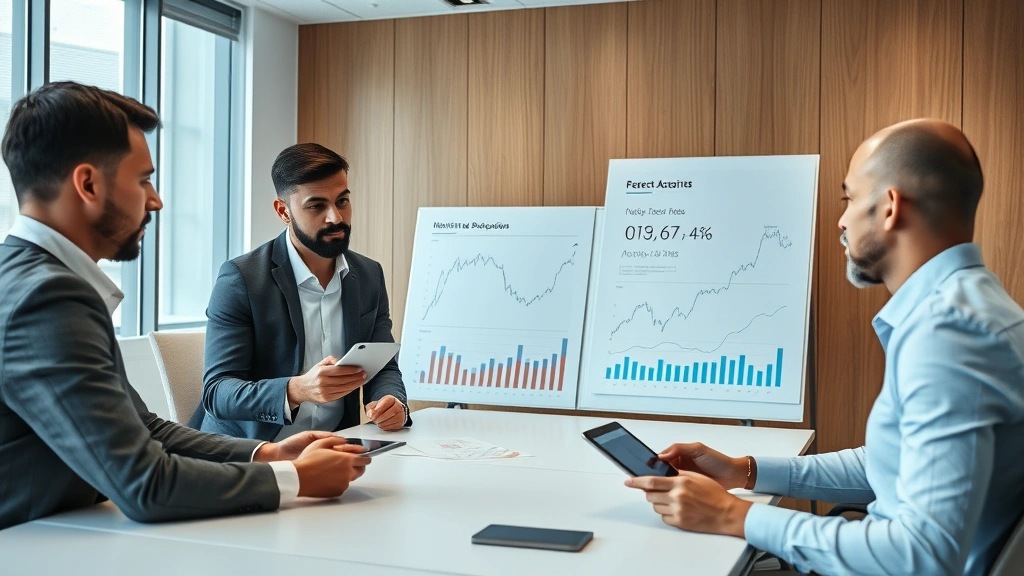 Business professionals in conference room reviewing interest rate trends and economic data on whiteboard and tablet devices, analyzing market equilibrium concepts