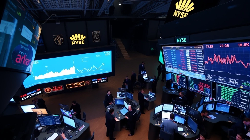 Overhead shot of financial trading floor with multiple people monitoring real-time market data, interest rate movements, and capital flow information on illuminated displays