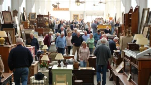 Diverse crowd of shoppers browsing vintage furniture and collectibles at indoor flea market, natural morning lighting, customers examining items closely