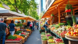 Vibrant farmers market outdoor setting with colorful produce displays, wooden vendor stalls, customers shopping, diverse fresh vegetables and fruits arranged in baskets, natural daylight, busy weekend atmosphere, downtown urban garden setting