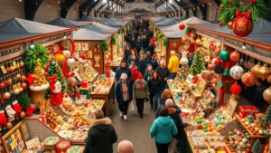 Overhead shot of diverse holiday market stalls with colorful handmade crafts, ornaments, and gift items displayed on wooden tables, shoppers browsing between vendor booths, festive string lights overhead, busy weekend crowd