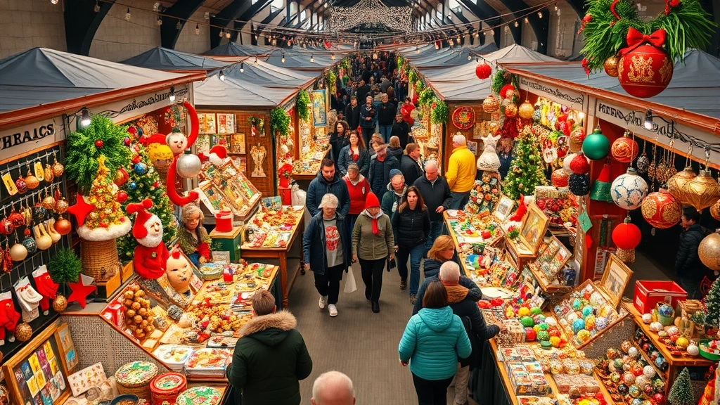Overhead shot of diverse holiday market stalls with colorful handmade crafts, ornaments, and gift items displayed on wooden tables, shoppers browsing between vendor booths, festive string lights overhead, busy weekend crowd