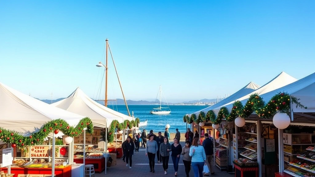 Waterfront harbor view with holiday market tents and vendor booths, decorated with festive garland and lights, ocean and boats visible in background, shoppers walking between stalls, clear California day with blue sky