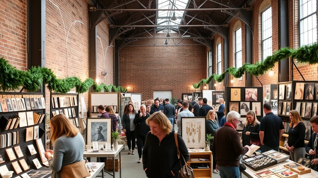 Indoor warehouse market space with exposed brick walls, holiday decorations and garland, artisan vendor booths displaying jewelry and handmade goods, warm industrial lighting, customers browsing contemporary art and crafts