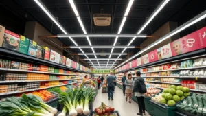 Wide-angle view of modern Asian grocery store interior with organized product shelves, bright LED lighting, diverse shoppers browsing aisles, fresh produce displays with bok choy and daikon radishes visible, professional retail environment