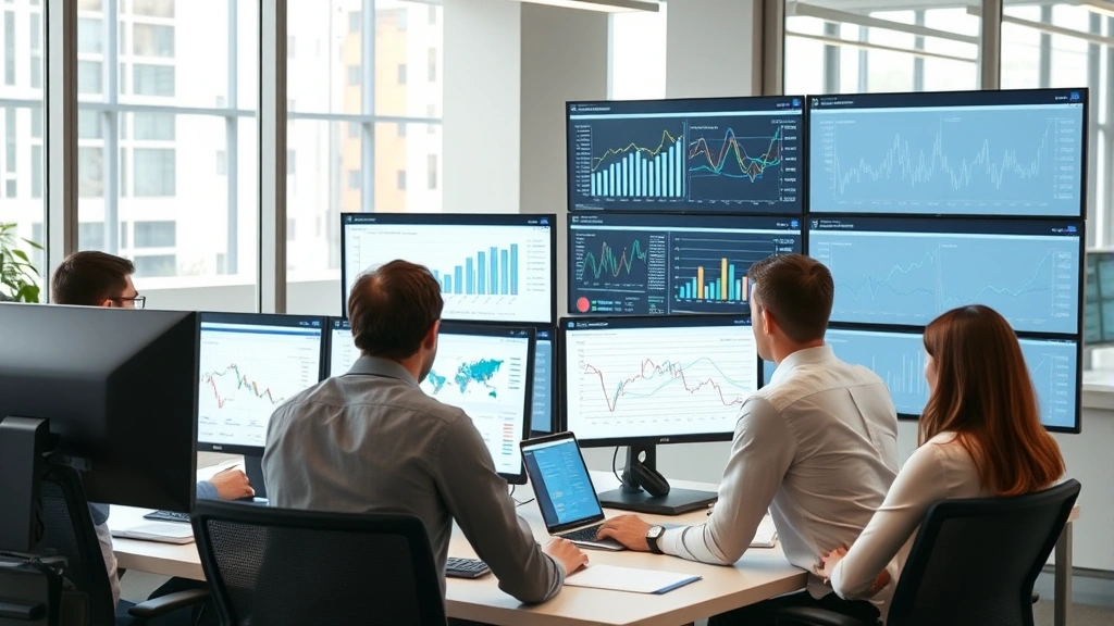 Diverse team of professionals analyzing digital commerce data on multiple computer screens in modern office, displaying charts and analytics dashboards