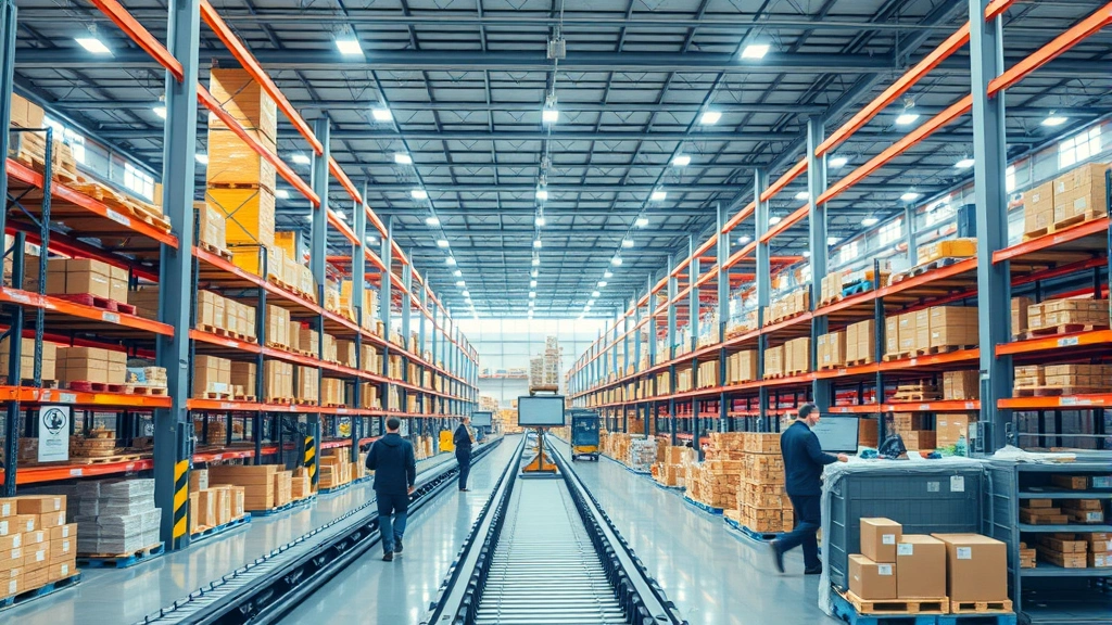 Modern e-commerce warehouse with automated systems, conveyor belts, and workers managing inventory, showcasing logistics and supply chain operations