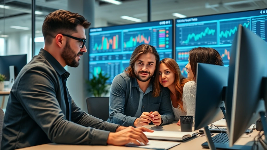 Professional ecommerce business team analyzing market data on large display screens in modern office, focused expressions, collaborative atmosphere, contemporary workspace setting
