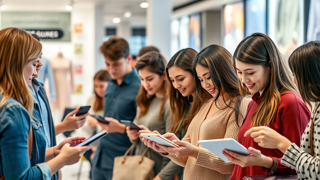 Diverse customers browsing products on mobile devices and tablets, digital shopping experience, modern retail environment, genuine engagement with technology, natural lighting