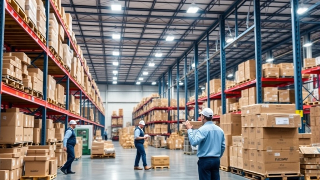 Supply chain logistics hub with organized inventory management, modern warehouse operations, team members coordinating shipments, technology-driven storage systems, professional setting