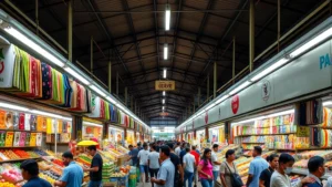 Bustling indoor market center with multiple vendor stalls displaying colorful merchandise, customers browsing products, fluorescent lighting illuminating organized retail space, diverse goods including produce, textiles, and household items