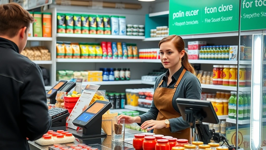 Professional female vendor at organized market stall with well-arranged products on shelves, digital payment terminal on counter, professional signage, customer browsing nearby, modern retail display setup