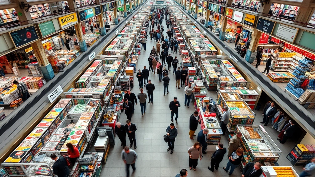 Wide overhead view of crowded market center showing multiple vendor stalls, customer foot traffic patterns, organized product categories, security personnel monitoring, bright commercial retail environment