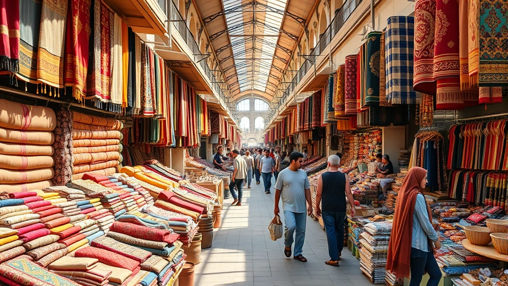 Vibrant marketplace vendor stalls with organized textile displays and shoppers browsing products, natural daylight illuminating traditional bazaar atmosphere with diverse merchandise