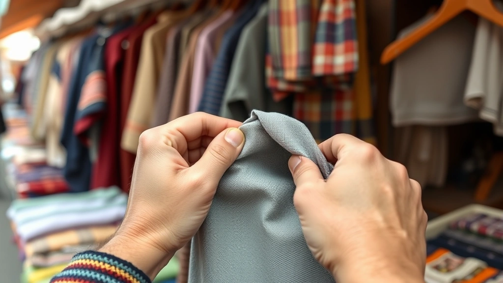 Close-up of hands examining fabric quality, checking seams and weave detail at marketplace vendor stall, demonstrating product assessment and quality verification techniques