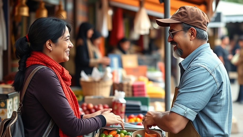 Marketplace vendor and customer in friendly conversation at stall, showing relationship-building negotiation interaction with inventory visible in background
