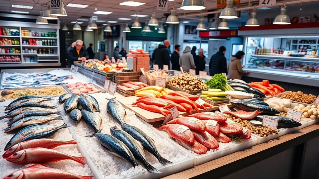 Vibrant coastal fish market display with ice-filled counters showcasing glistening fresh fish fillets, whole fish, and shellfish varieties under professional lighting, busy retail environment with customers browsing