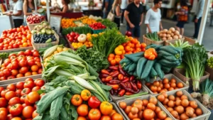 Overhead shot of colorful fresh produce arranged at farmers market stall—tomatoes, peppers, leafy greens, root vegetables in wooden crates and baskets, natural morning light, shoppers browsing in soft focus background