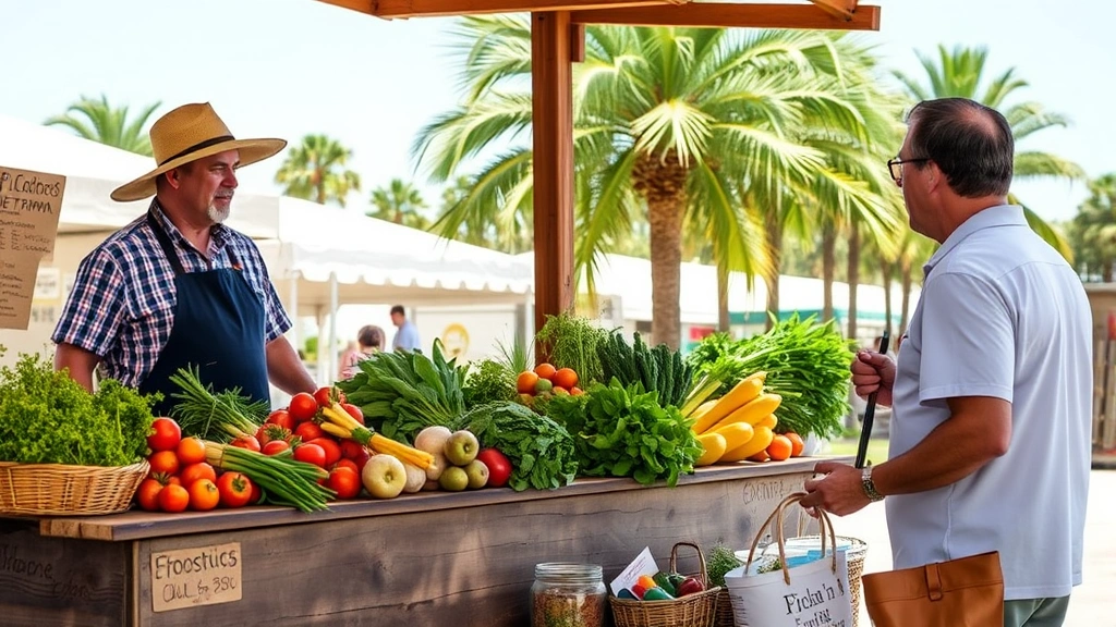 Market vendor behind wooden farm stand displaying fresh picked vegetables and herbs, customer selecting items, palm trees visible, bright Florida sunlight, authentic farmers market atmosphere