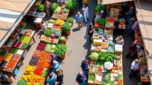 Overhead view of a bustling farmers market with diverse vendors displaying fresh produce, artisanal goods, and specialty products at individual stalls with customers shopping and interacting with vendors, natural daylight, vibrant colors, community atmosphere