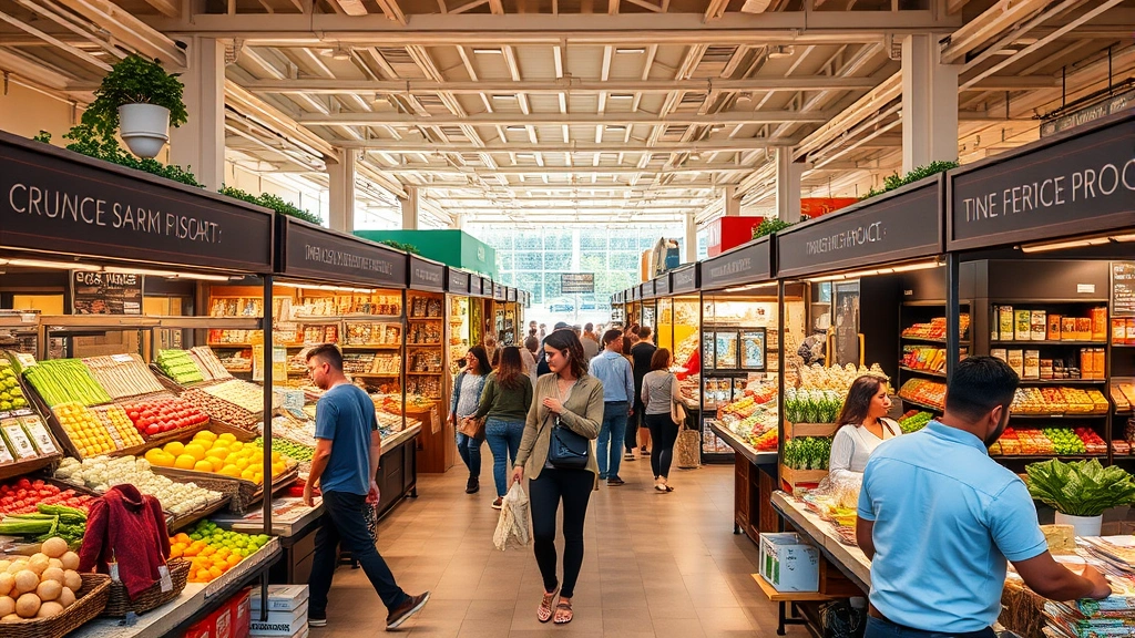 Interior of a modern local marketplace with organized vendor booths featuring organic produce, specialty foods, and artisanal products, warm lighting, diverse shoppers browsing merchandise, clean professional retail environment