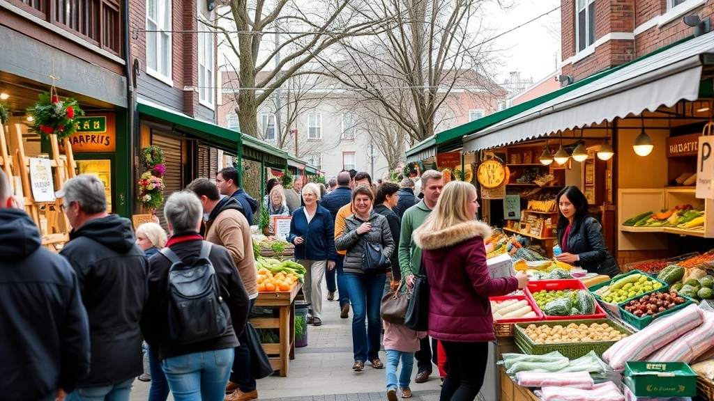 Community gathering space at a neighborhood market with customers shopping, vendors engaging with shoppers, fresh products displayed, wooden signage, warm inviting atmosphere, multiple generations shopping together