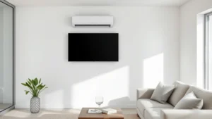 Modern minimalist living room with sleek wall-mounted air conditioning unit, contemporary interior design, professional product photography, soft natural lighting, no text or signage visible