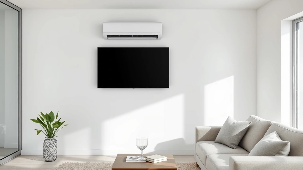 Modern minimalist living room with sleek wall-mounted air conditioning unit, contemporary interior design, professional product photography, soft natural lighting, no text or signage visible