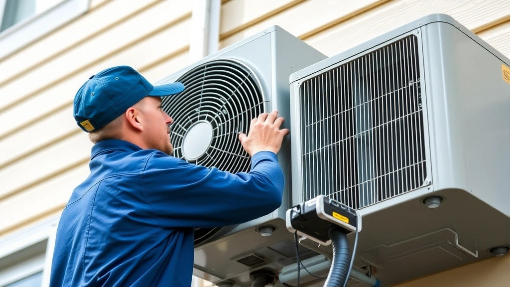 Technician in blue uniform installing advanced AC system on residential building exterior, professional installation work, daylight, focus on equipment and technical precision, no visible text