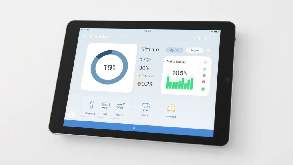 Smart home control interface displayed on tablet showing climate temperature settings and energy consumption data, modern tech aesthetic, clean white background, business-focused composition