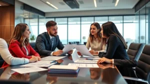 Professional business meeting with diverse team reviewing financial documents and legal contracts on a modern conference table, natural lighting, contemporary office setting