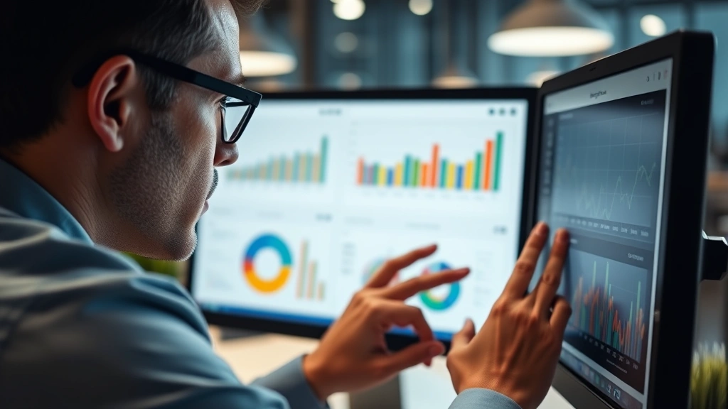 Close-up of business professional analyzing data charts and compliance reports on a computer screen, focused expression, modern workplace environment with charts visible