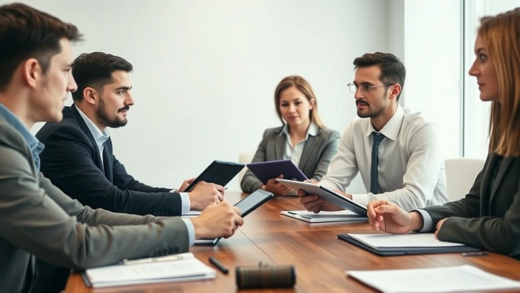 Group of business professionals in consultation discussing regulatory compliance and legal strategy around a wooden table with notebooks and tablets, serious professional atmosphere