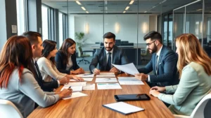 Professional business meeting showing diverse executives reviewing documents and discussing strategy around a modern conference table in corporate office