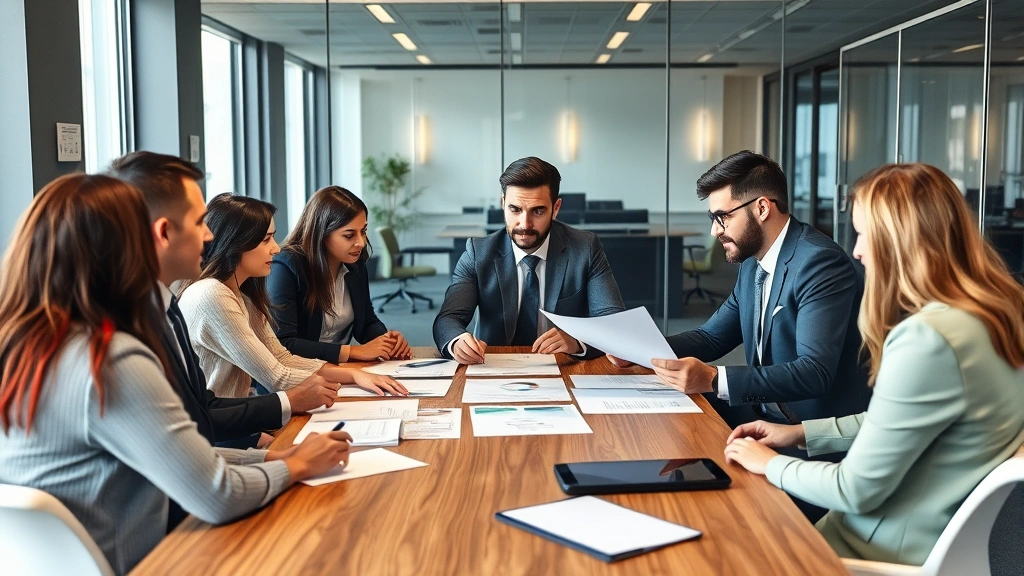 Professional business meeting showing diverse executives reviewing documents and discussing strategy around a modern conference table in corporate office