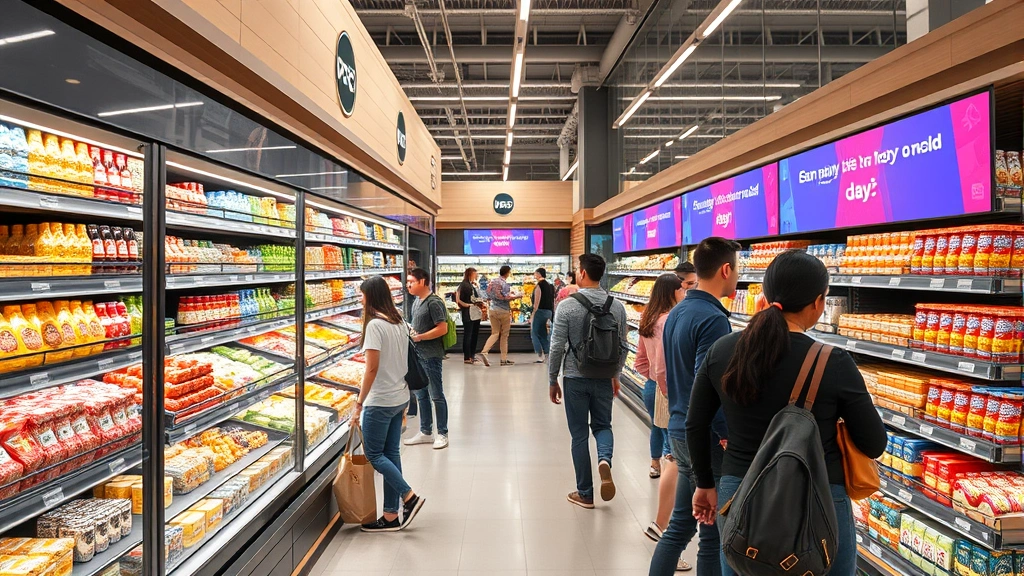 Modern grocery store interior with well-stocked shelves, diverse shoppers selecting products, and digital displays showing promotions