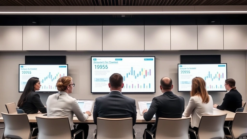 Corporate boardroom with business professionals in formal attire presenting strategic plans and data visualizations on screens