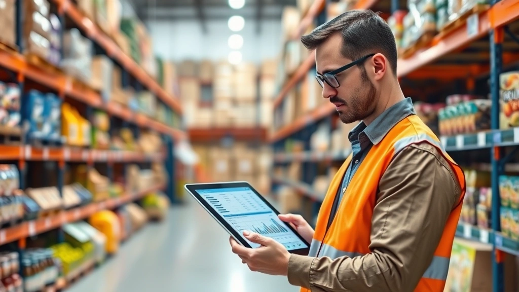 Grocery store manager reviewing inventory management system on digital tablet with warehouse shelves stocked with products in background, professional retail setting