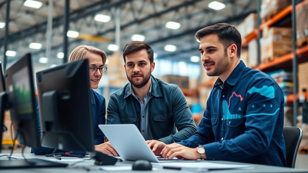 Team of retail logistics professionals analyzing supply chain data on computer screens, modern warehouse facility, focused on operational efficiency metrics