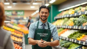 Professional grocery store employee in Market Basket uniform assisting customer at produce section with fresh vegetables and fruits displayed in background, warm indoor lighting